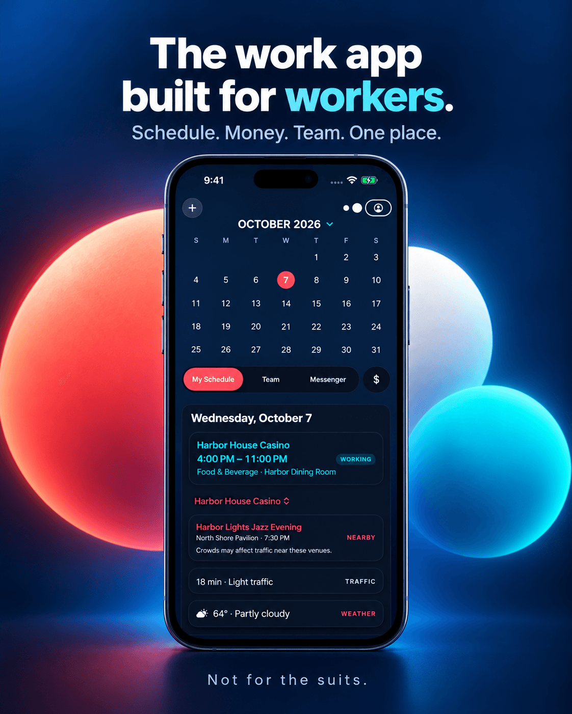 EEZ home screen showing a work calendar, scheduled shift, and workday context.